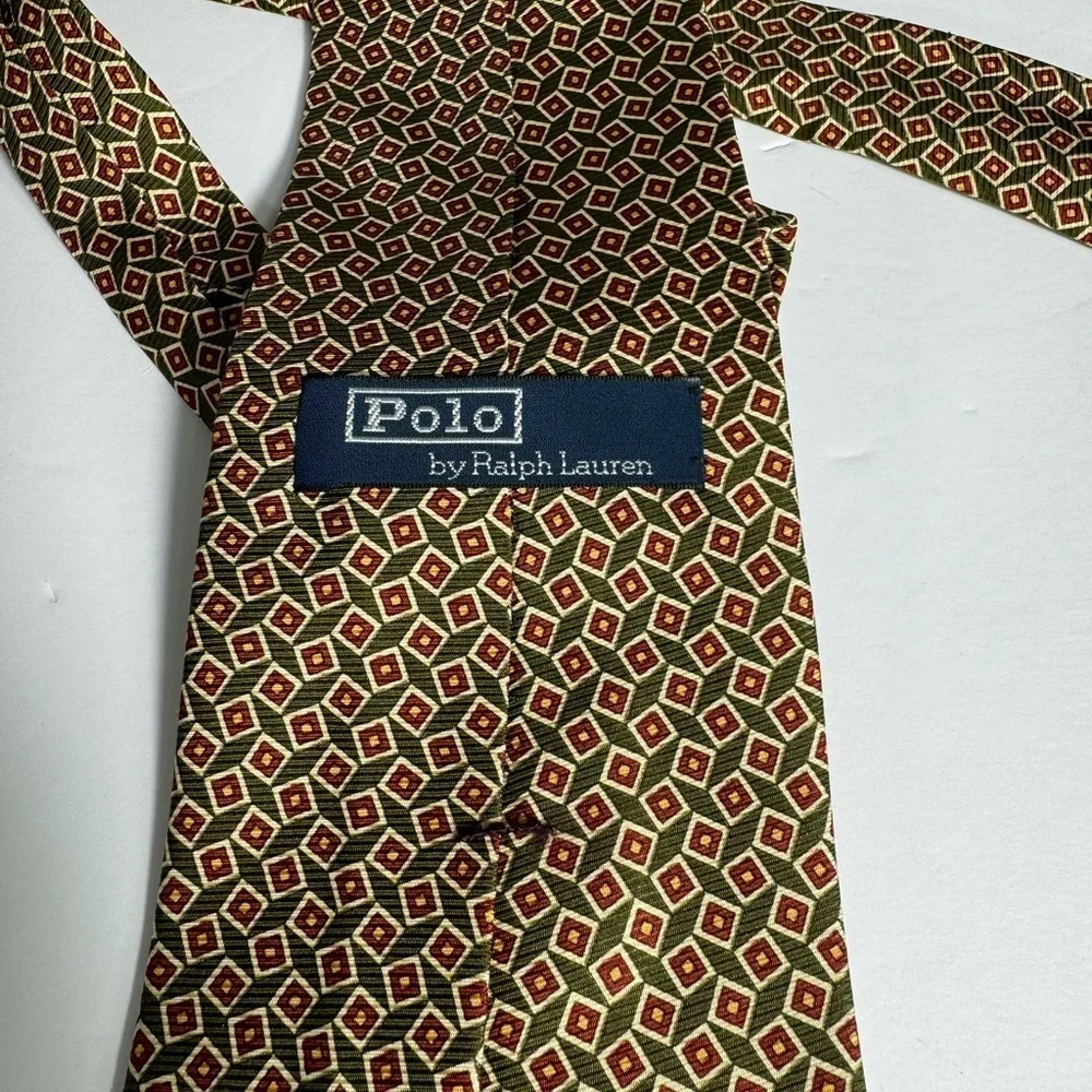 POLO RALPH LAUREN Necktie -Tie Handmade Usa Silk Green-Burgundy Squares